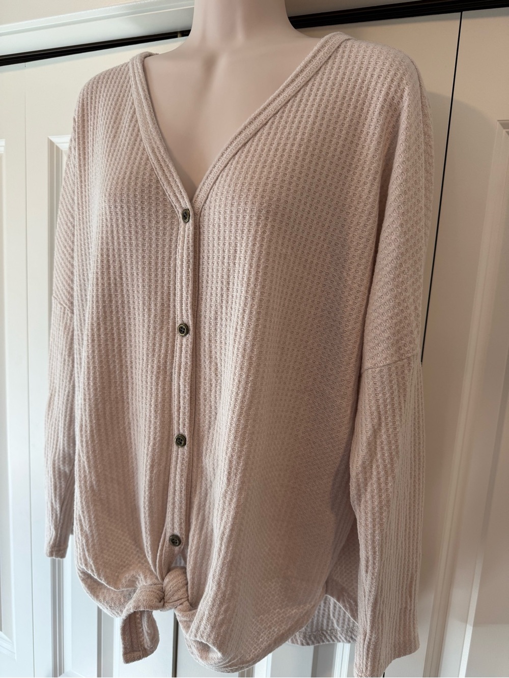 Iwollence cream ivory waffle knit tie front top shirt xl autumn